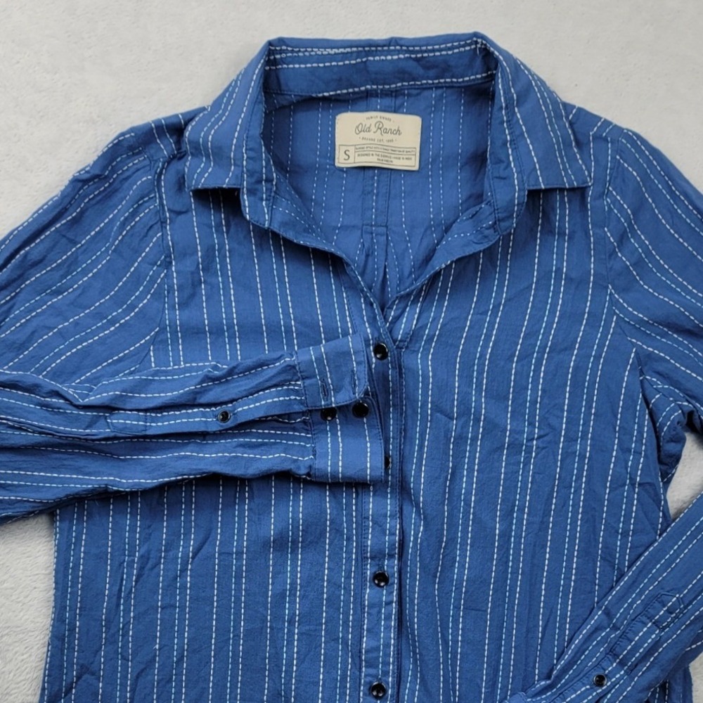 Old Ranch Blue Dash Stitch Stripe Button Down Shirt Womens Small Long Sleeve